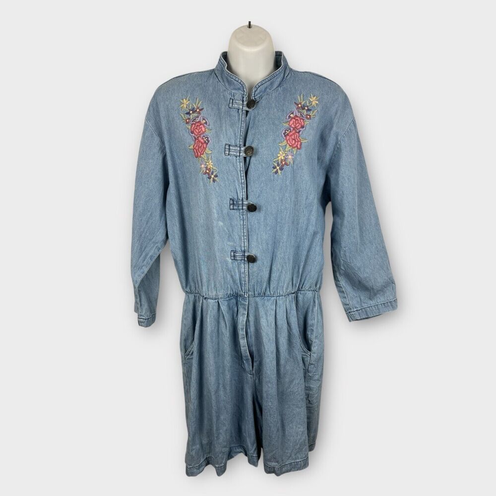 Vintage 80s Denim‎ Romper Embroidered Long Sleeve Boho Large
